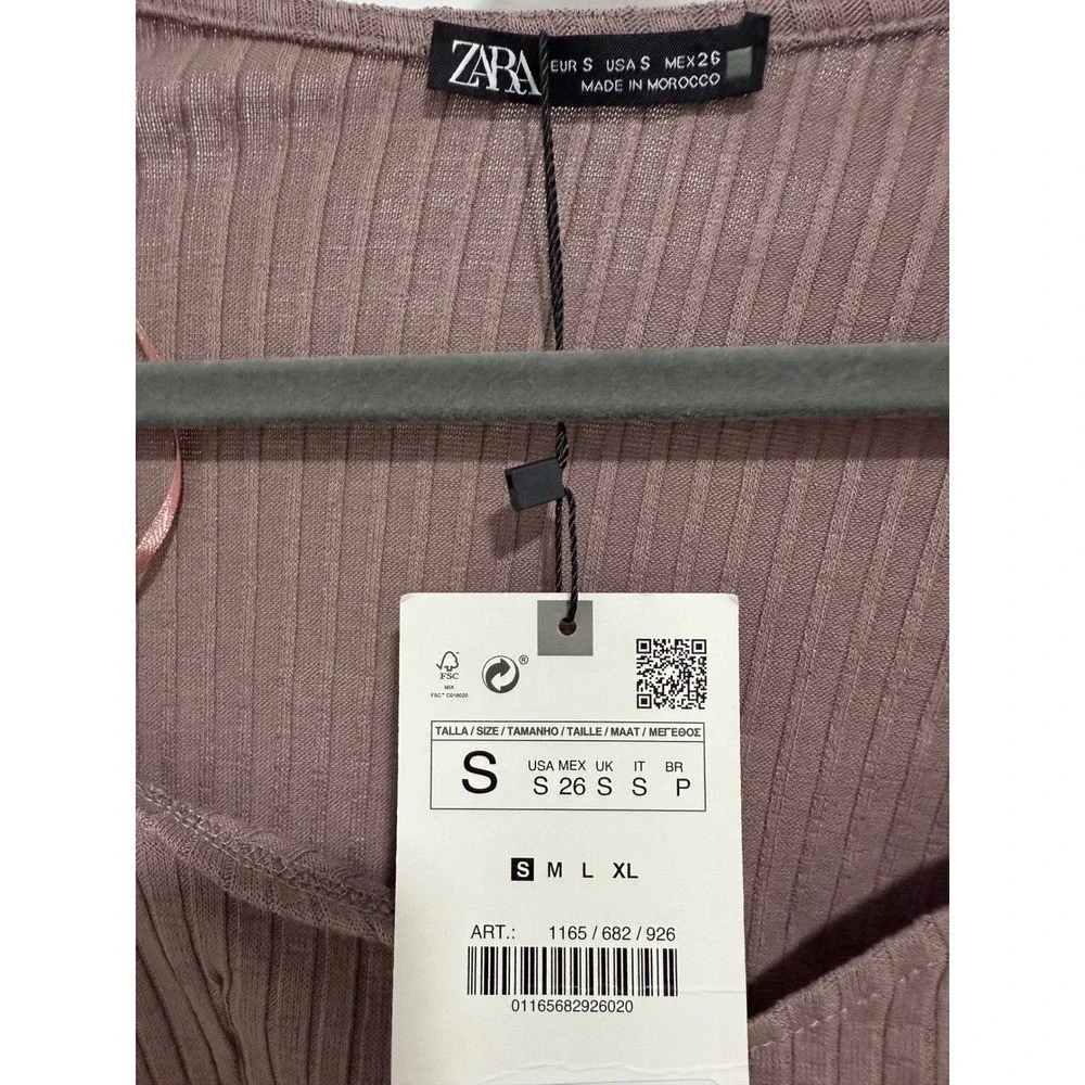 Zara Ribbed Knit Sweetheart Neck Long Sleeve Crop Top Mauve Small NWT